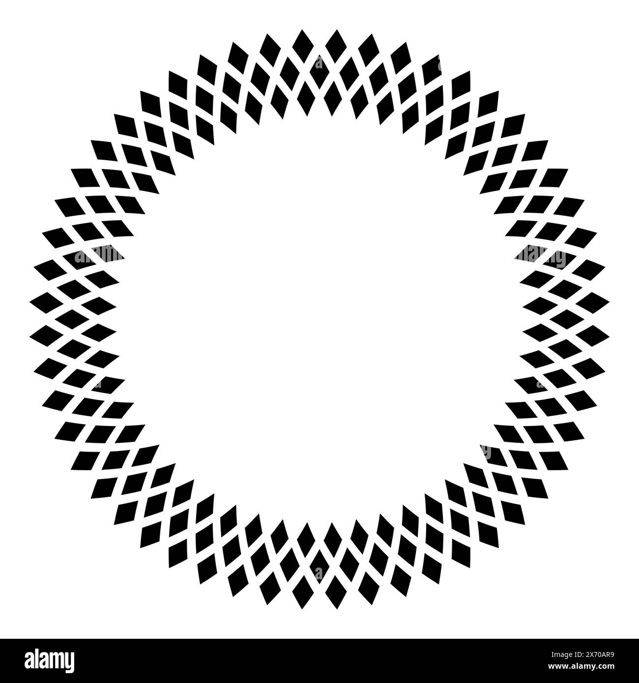 Kreisförmiger Rahmen mit Rautenmuster. Drei Reihen schwarzer Diamantformen, die eine dekorative Grenze mit Hermann-Gitter und einer funkelnden Gittertäuschung schaffen. Stockfoto