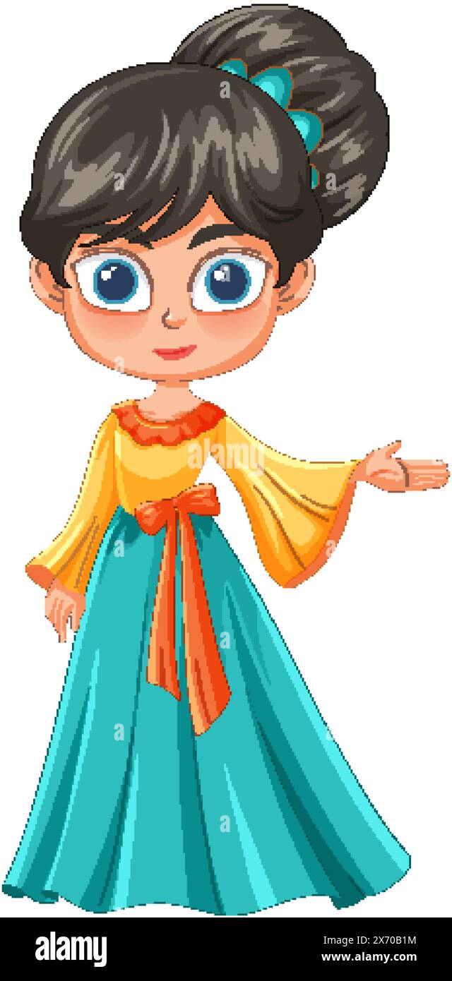 Süßes Mädchen mit großen Augen und buntem Kleid Stock Vektor