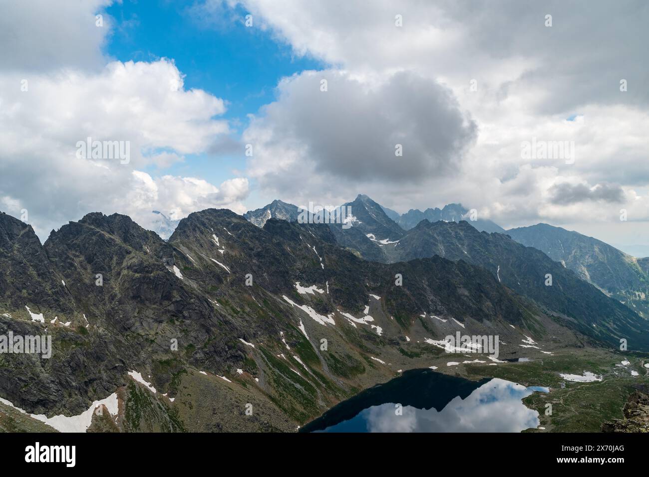 Velke Hincovo pleso See mit Gipfeln über dem Koprovsky Stit Berggipfel in der Hohen Tatra in der Slowakei Stockfoto