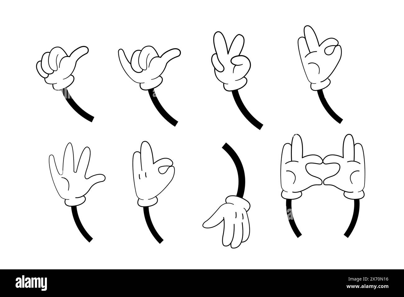 Y2K-Ästhetik, Retro-Cartoon-Maskottchen-Hände. Alte Animationskörperelemente. Set im Vintage-Stil für Logo. Stock Vektor