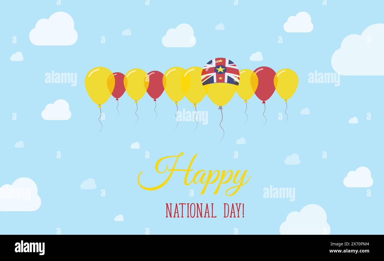 Funkelndes Patriotisches Poster Zum Unabhängigkeitstag Von Niue. Reihe von Referenzkreisen in Farben der niueischen Flagge. Grußkarte mit Nationalflaggen, Blue Skyes und Clou Stock Vektor