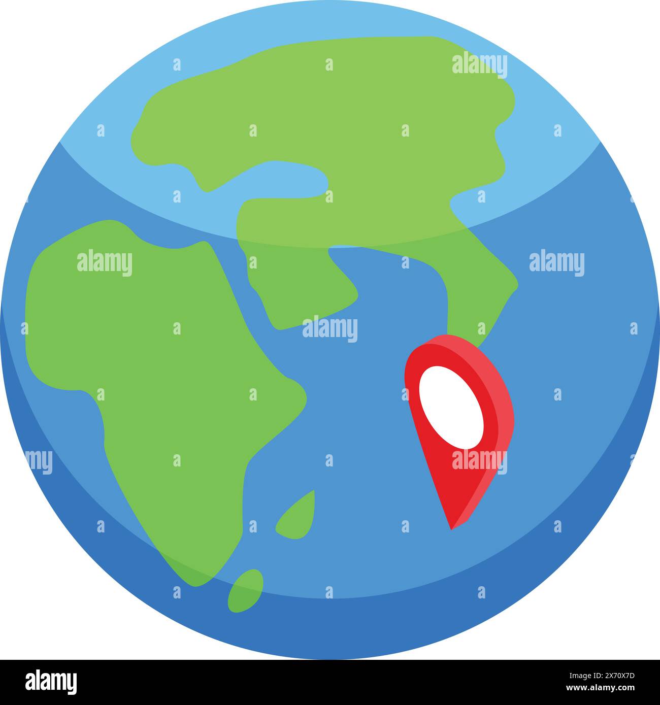 Illustriertes Bild eines Globus mit einer roten Positionsnadel, die einen Punkt auf der Karte markiert Stock Vektor