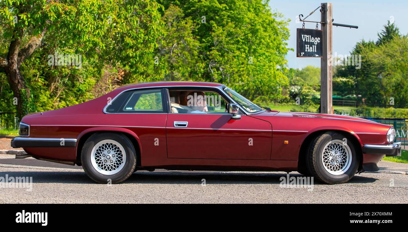 Stoke Goldington, Großbritannien - 11. Mai 2024: 1994 kastanienbrauner Jaguar XJS Oldtimer, der durch ein englisches Dorf fährt Stockfoto