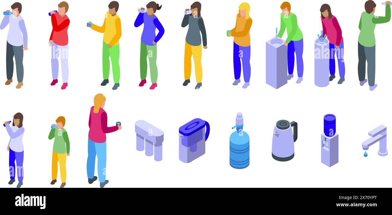 Durstige trinken Vektor. Eine Gruppe von Menschen trinkt Wasser und benutzt einen Brunnen. Es gibt auch einige andere Objekte in der Szene, wie eine Tasse und eine Flasche. Die Szene ist lässig und entspannt Stock Vektor