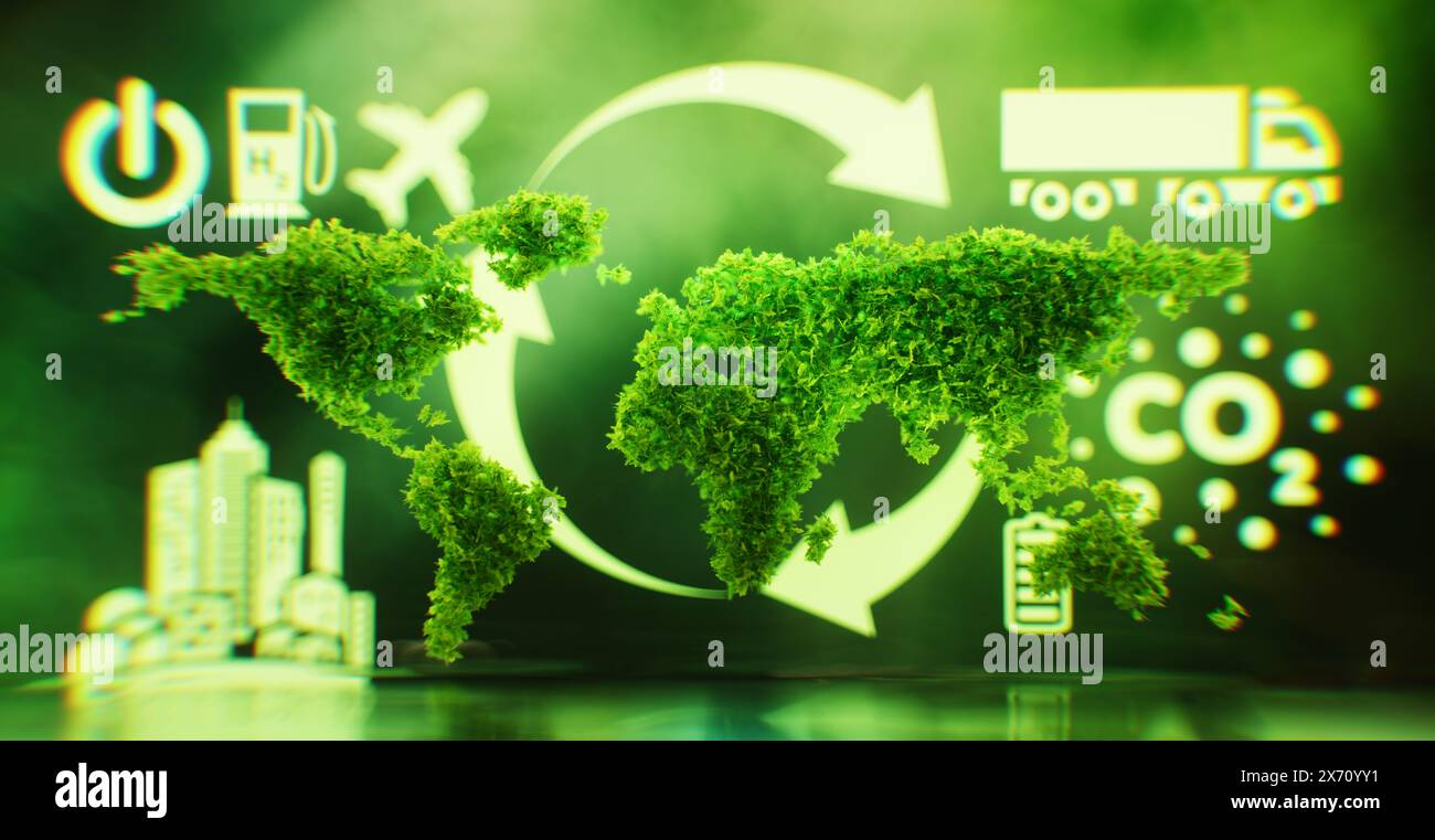 Das Konzept der Nachhaltigkeit, des Klimaschutzes und der globalen Erwärmung in Form eines Symbols der mit Blättern bedeckten Kontinente auf einem üppigen G Stockfoto