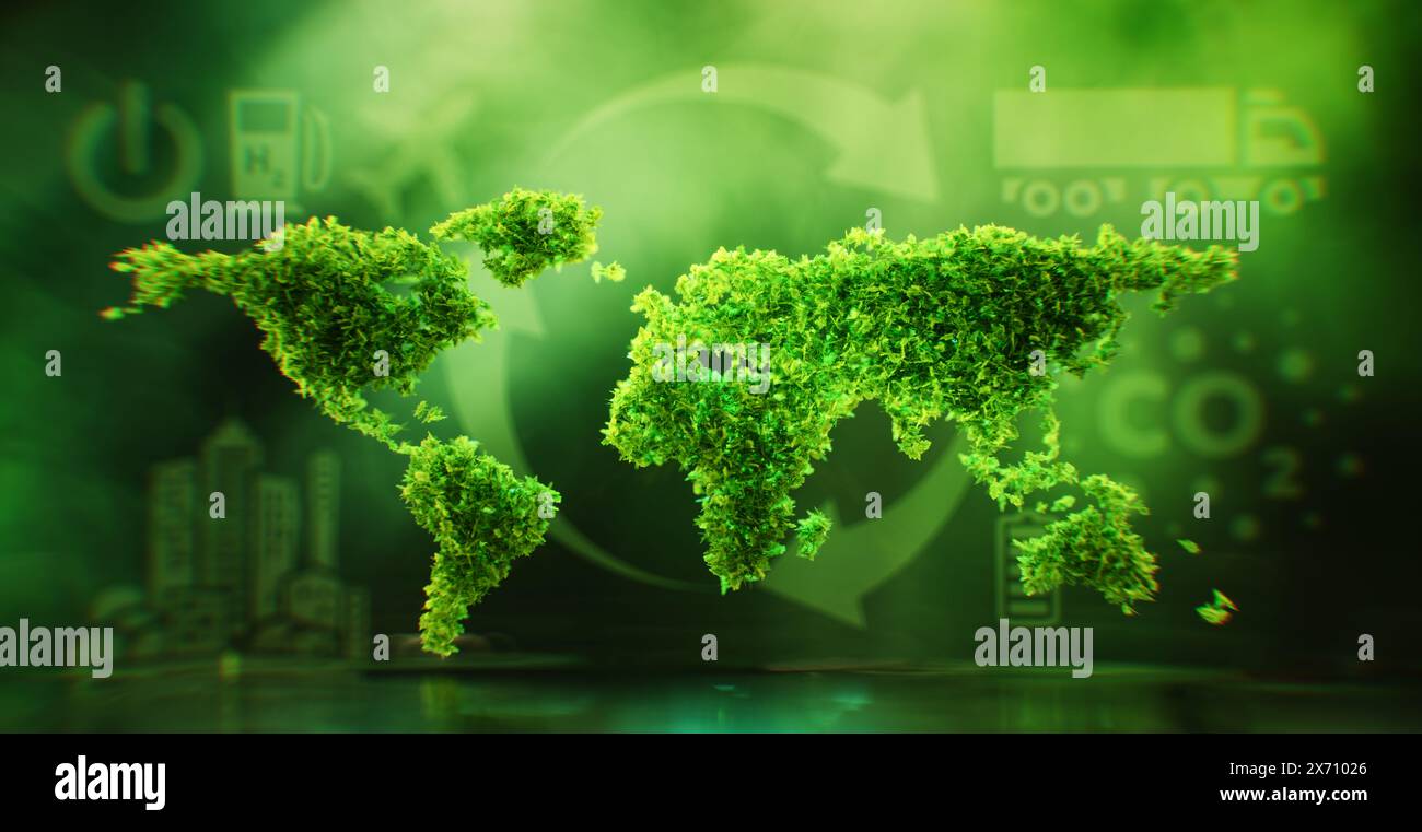 Das Konzept der Nachhaltigkeit, des Klimaschutzes und der globalen Erwärmung in Form eines Symbols der mit Blättern bedeckten Kontinente auf einem üppigen G Stockfoto