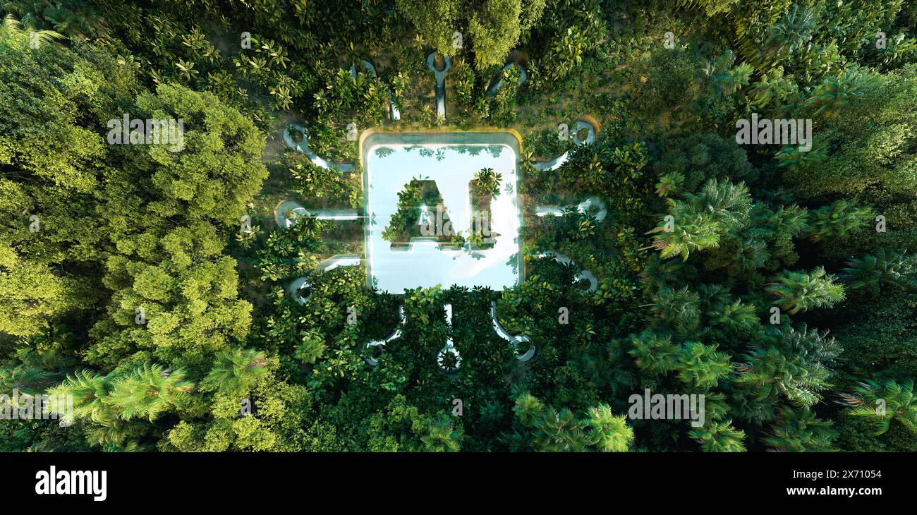Abstraktes Symbol, das die Umgebung von Ai in Form eines Teichs mit einem Ai-Symbol in der Mitte eines wunderschönen, unberührten Dschungels darstellt. 3D-Rendering. Stockfoto