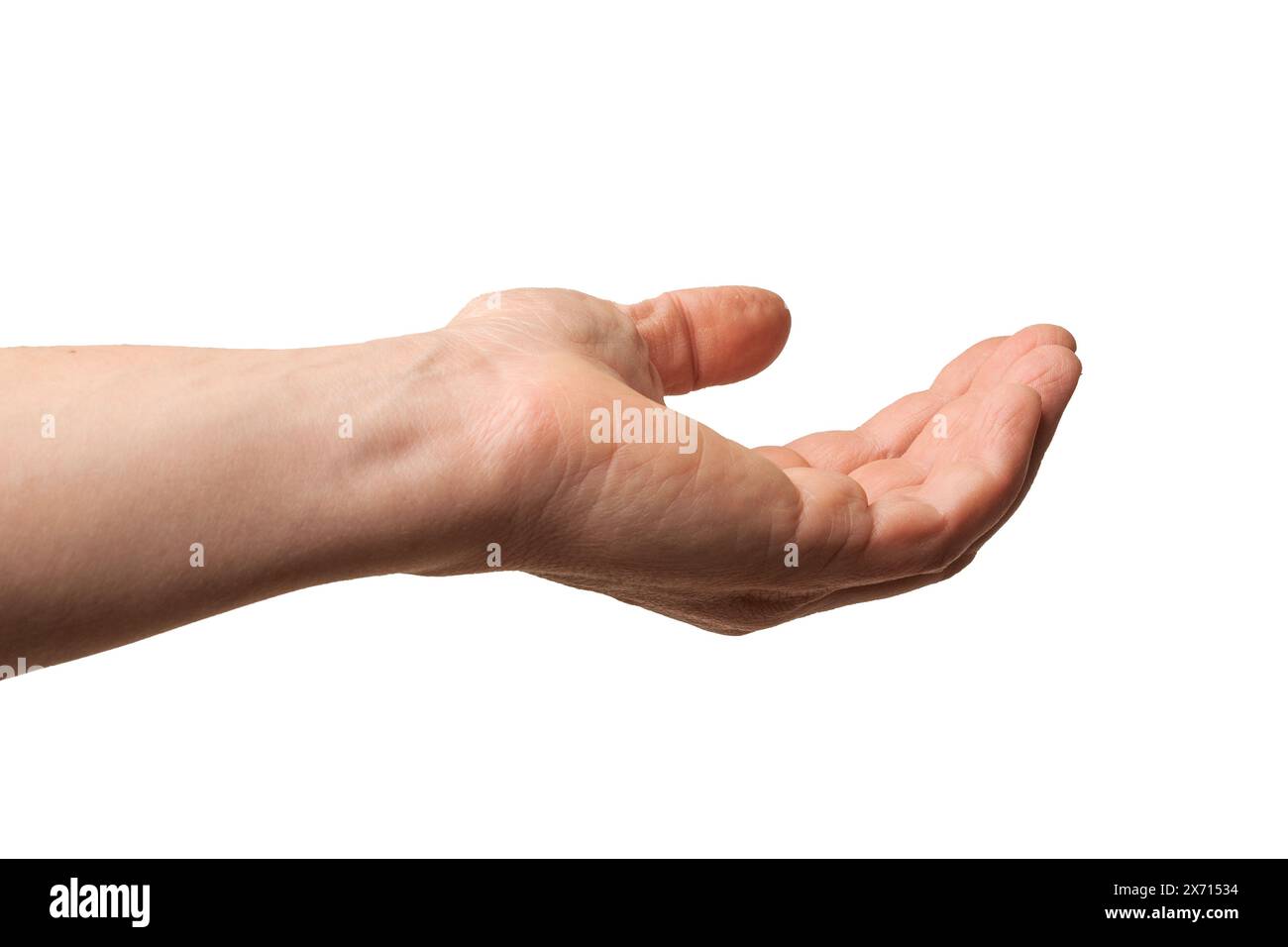 Männliche Hand, die nach Almosen oder Wohltätigkeitsorganisationen isoliert sucht Stockfoto