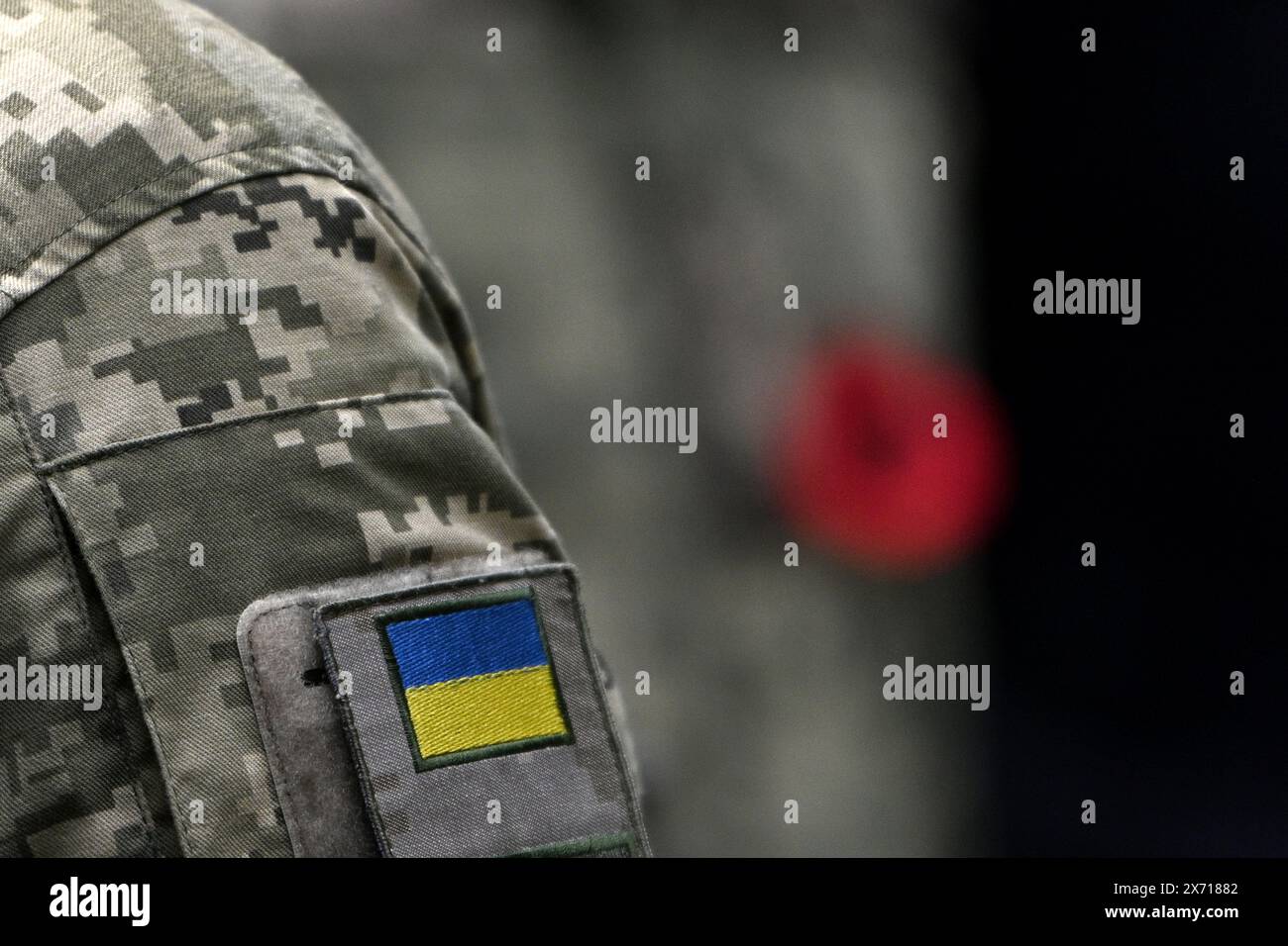 Ukrainische Soldaten. Ukrainische Flagge in Militäruniform. Gedenktag. Mohntag. Stockfoto