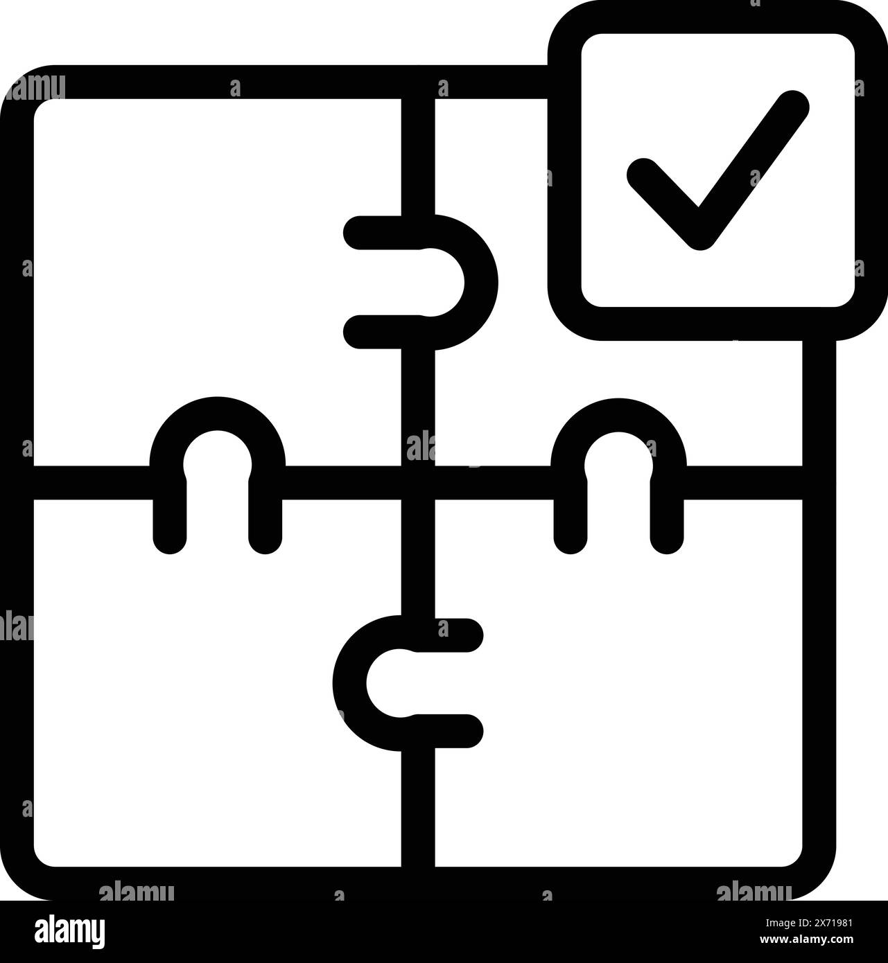Schwarz-weiße Strichgrafik eines fertigen Puzzles mit einem Häkchen, das die Lösung oder den Erfolg symbolisiert Stock Vektor