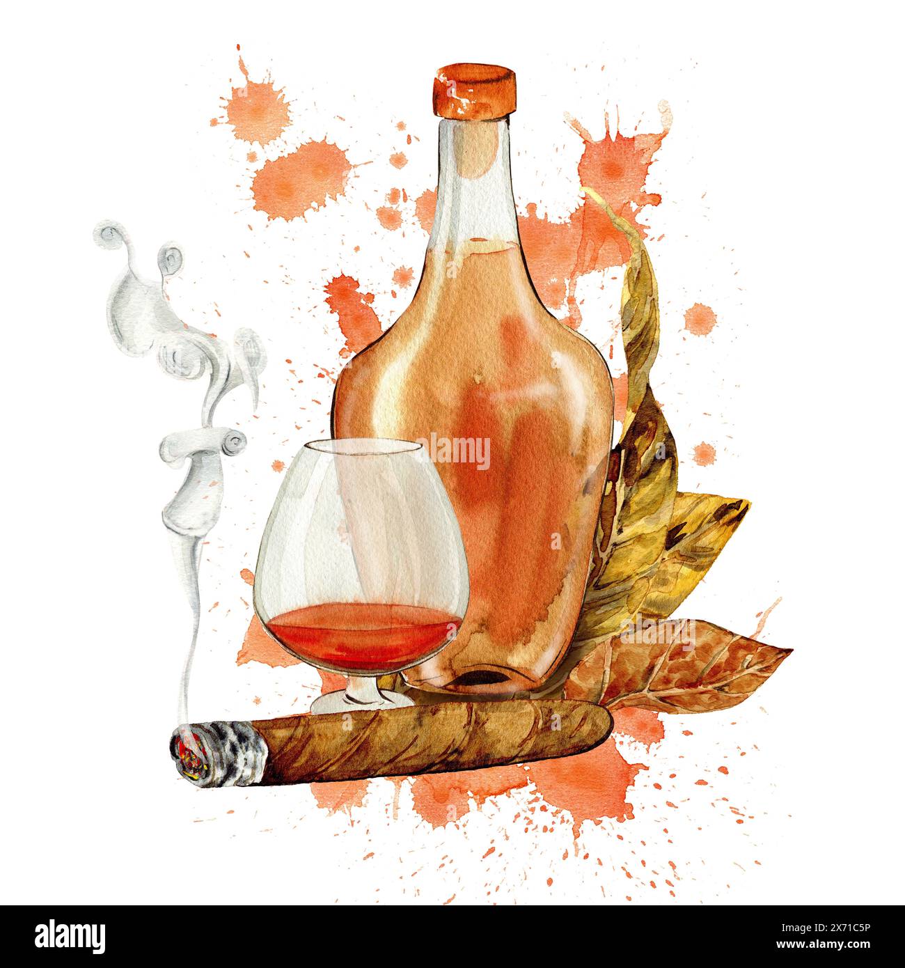 Zigarren und Cognac mit Tabakblättern in Aquarellen, Poster, Menüs, Clipart Stockfoto