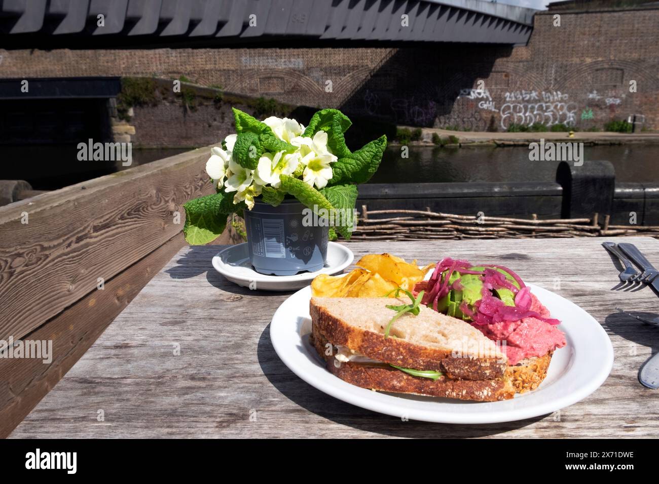 Sandwich Rote Bete Avocado Humus Mittagessen auf Tisch im Camley Street Natural Park Besucherzentrum Café im Frühjahr Kings Cross London N1 KATHY DEWITT Stockfoto