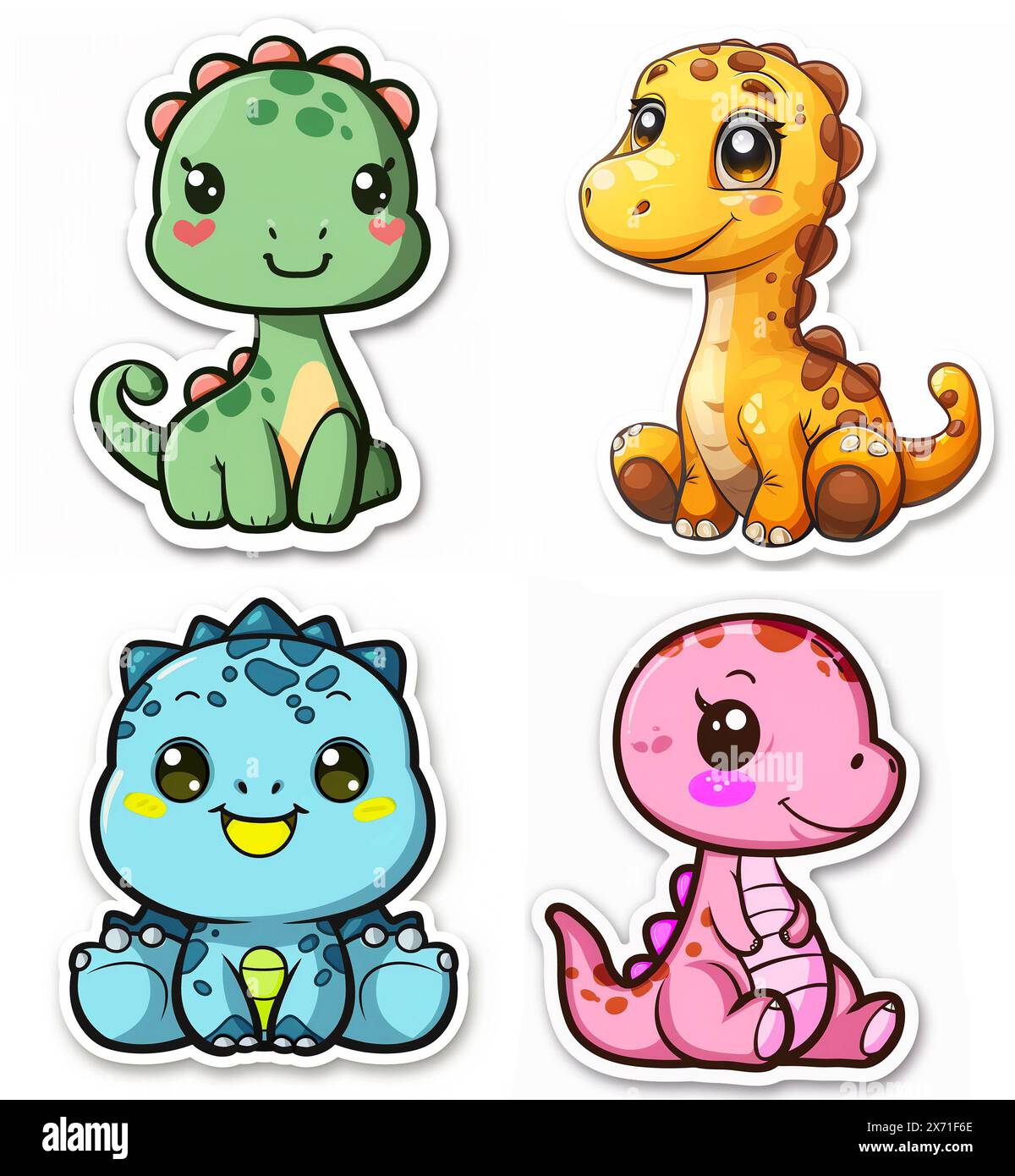 Niedliche Kawaii-Darstellungen verschiedener Dinosaurier für Aufkleber, Emotes zucken, Raumdekoration, Logo, Grafiken, clipart, isoliert, Charakterdesign, dez Stockfoto