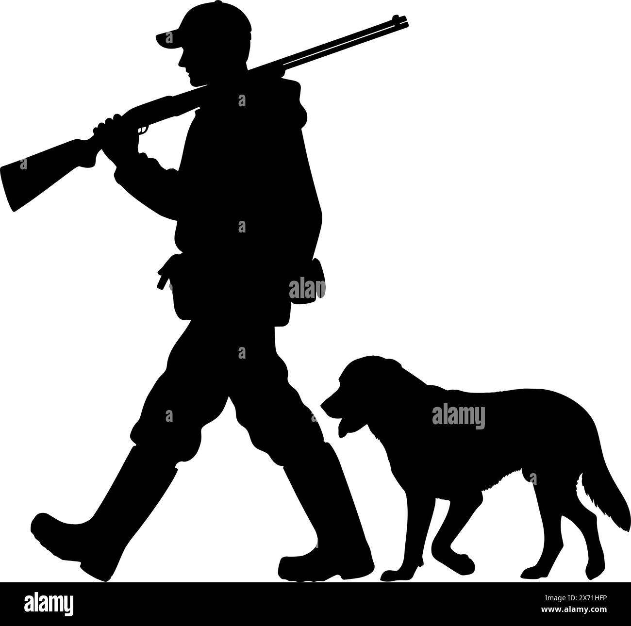 Silhouette eines Jägers, der mit seinem Hund läuft. Vektorabbildung Stock Vektor