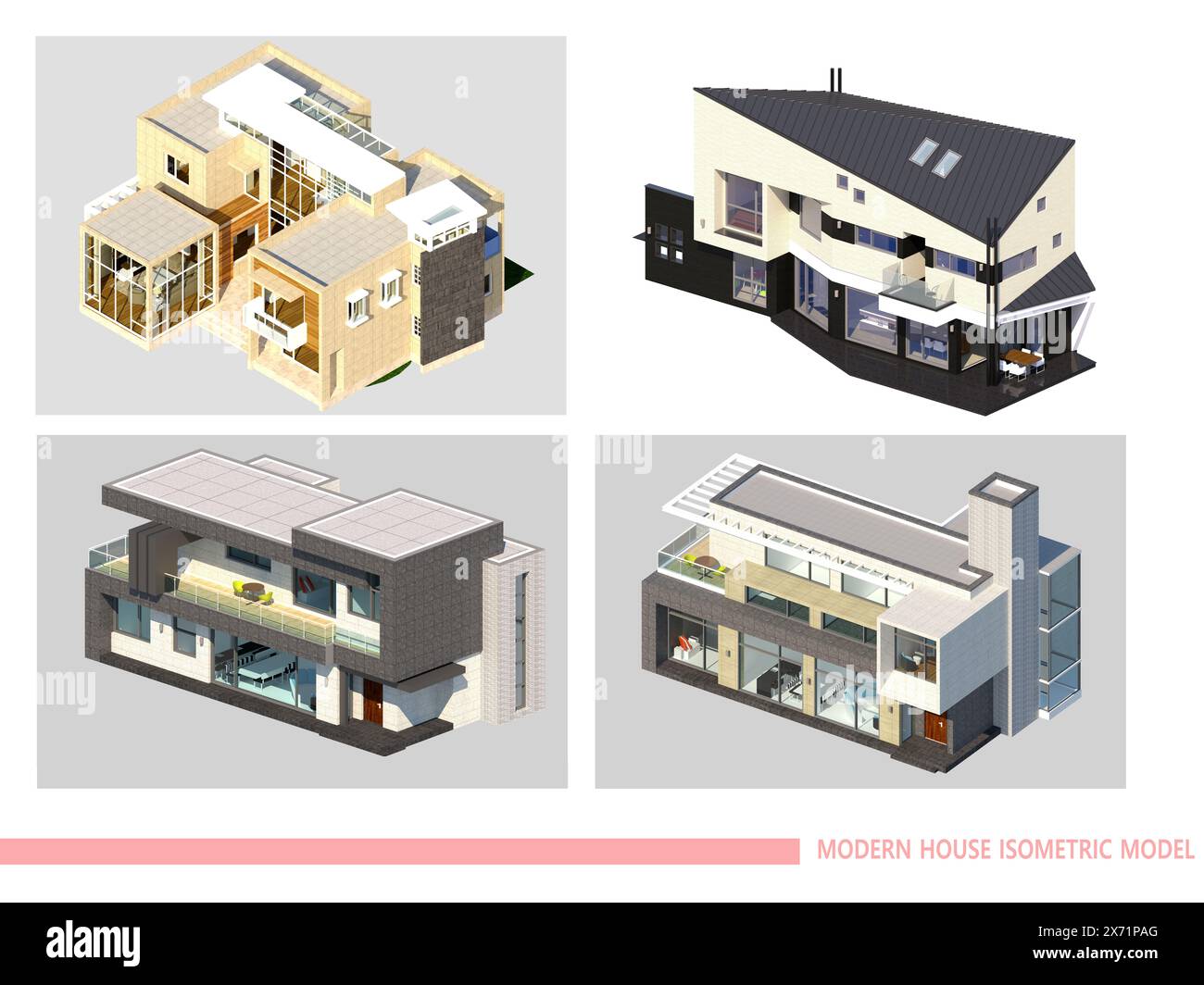 Sammlung von architektonischen isometrischen Illustrationen von 3D modernen Häusern Stockfoto