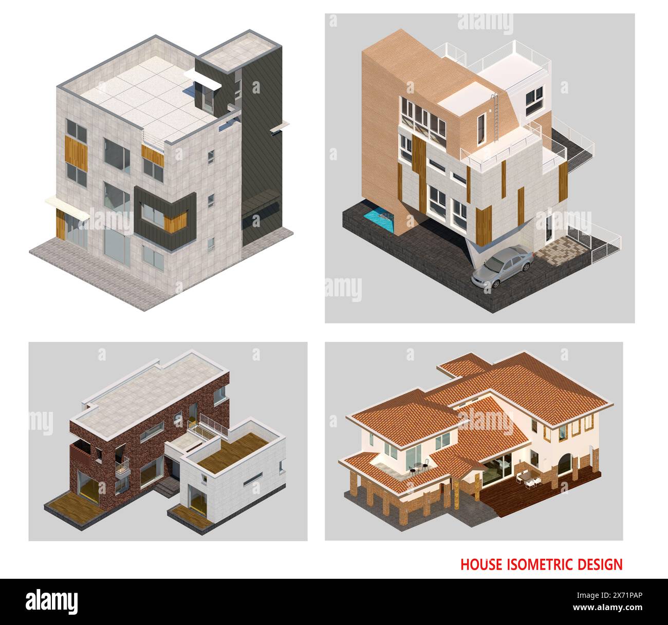 Sammlung von architektonischen isometrischen Illustrationen von 3D modernen Häusern Stockfoto