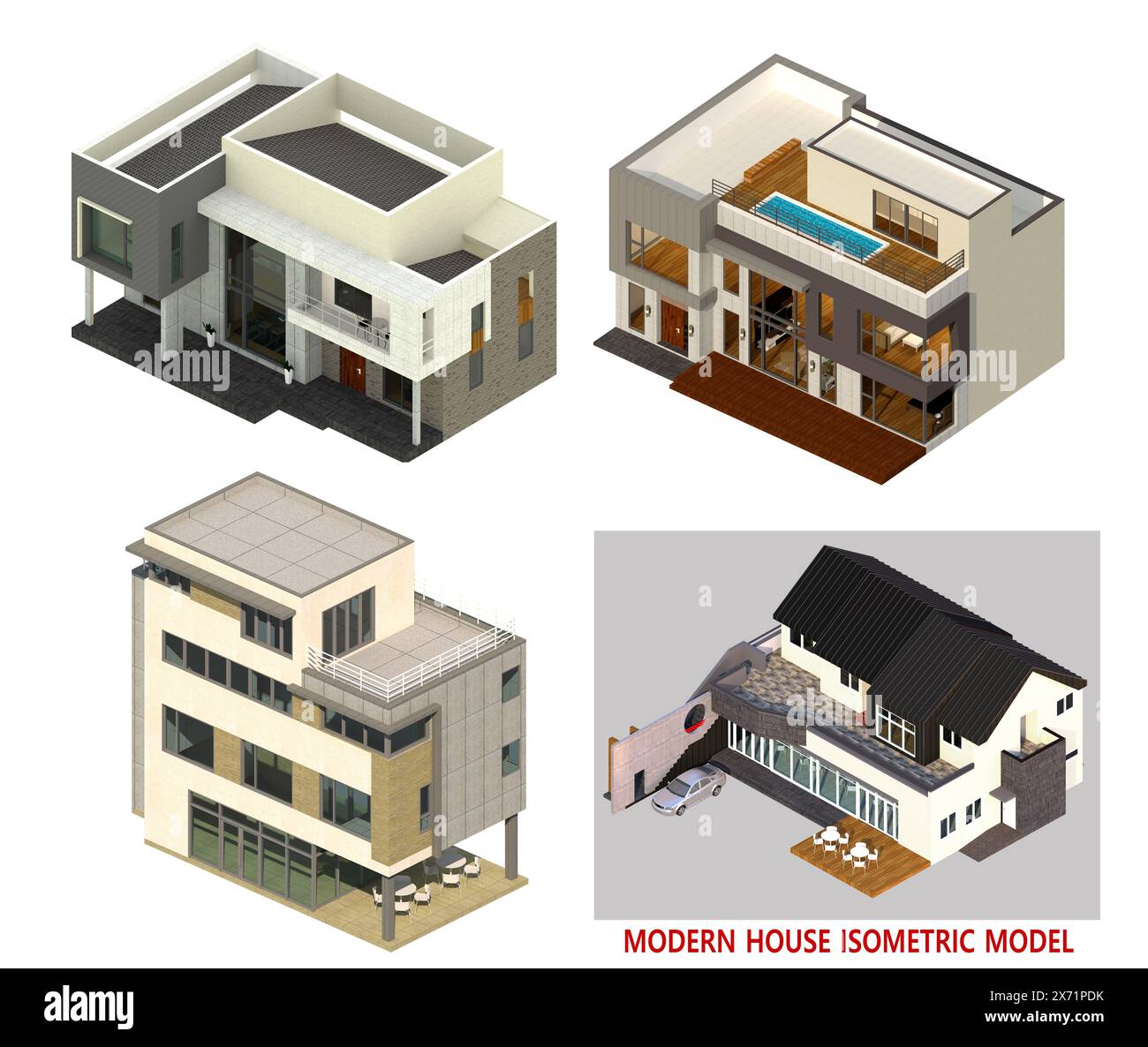 Sammlung von architektonischen isometrischen Illustrationen von 3D modernen Häusern Stockfoto