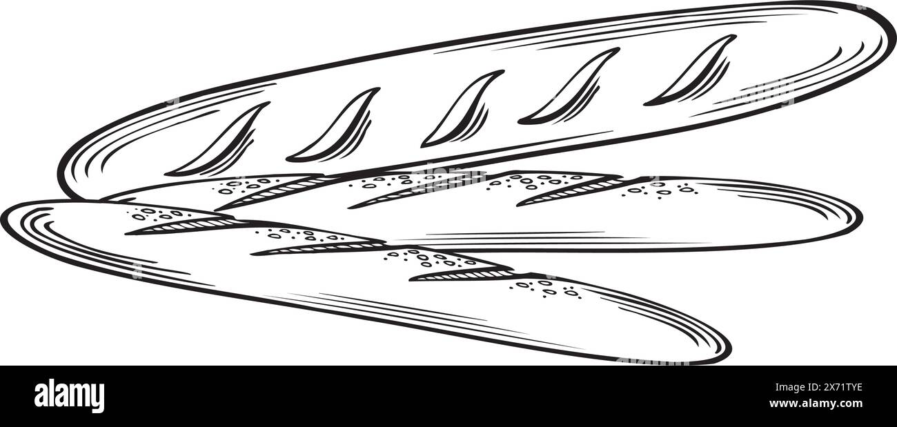 Baguetts, französisches Brot. Vektordarstellung isoliert, lineare Darstellung. Backwaren. Handgezeichnete Skizze Symbol für frisches weißes Weizenbrot. Nährwertvorlage Stock Vektor