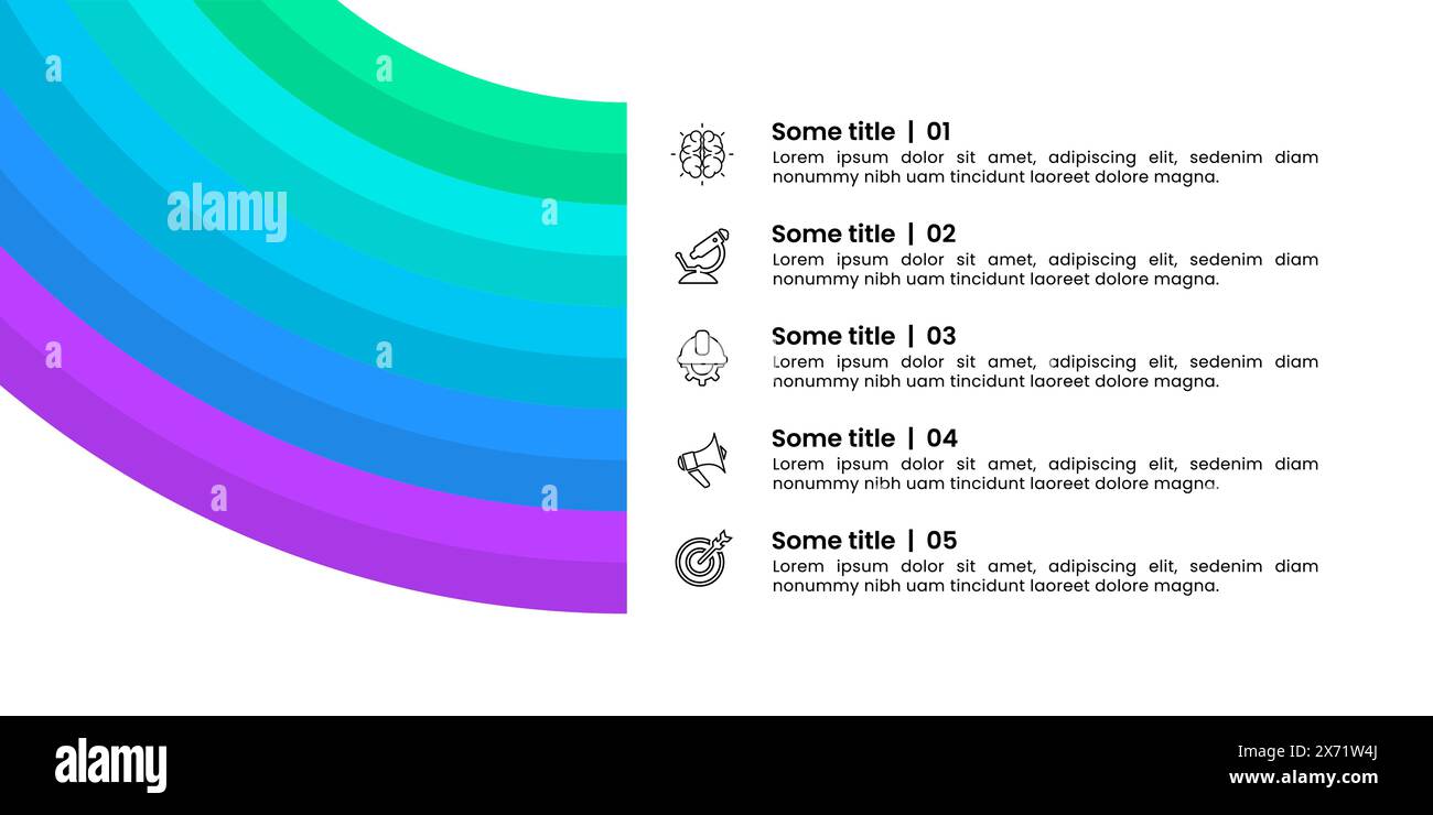 Infografik-Vorlage mit Symbolen und 5 Optionen oder Schritten. Streifen. Kann für Workflow-Layout, Diagramm, Banner und Webdesign verwendet werden. Vektorabbildung Stock Vektor
