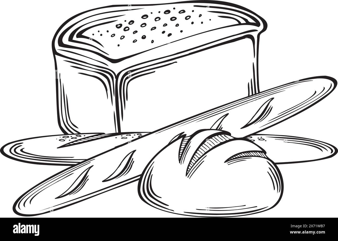Baguettes french Loaf und rundes Brot. Backwaren aus Weizen und Roggen. Darstellung der Vektorabwicklung linear, isoliert. Skizzieren Sie frische Lebensmittel. Templat Stock Vektor