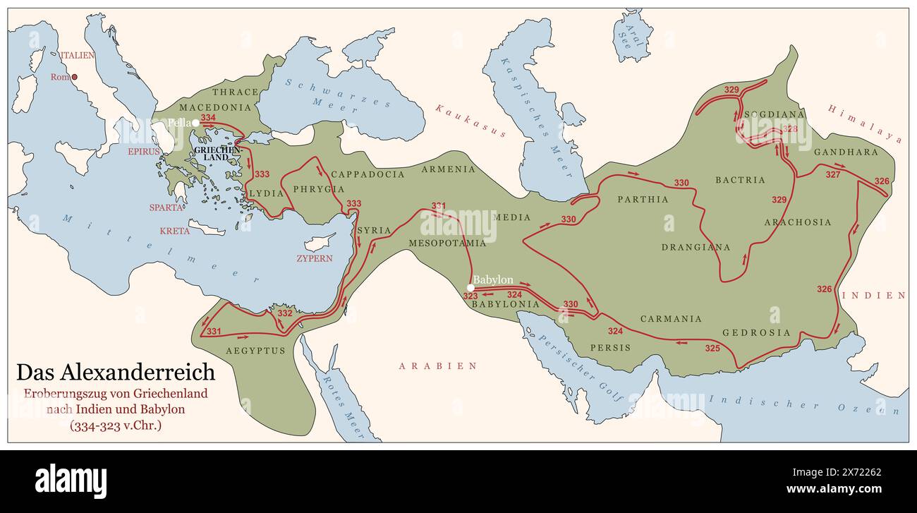 Das Reich Alexanders des Großen auf seinem Eroberungskurs von Griechenland über Indien bis Babylon 334 bis 323 v. Chr. Verlaufskarte mit deutscher Beschriftung. Stockfoto