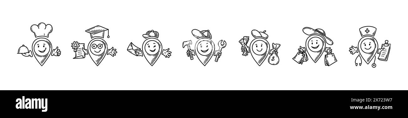 Niedliches Line Doodle Location Pin Emoji. Set von Pinpoints für Freihandskizzen. Comic-Emoticons für Kartenadressen. Lächelnde lustige Charaktere Stock Vektor