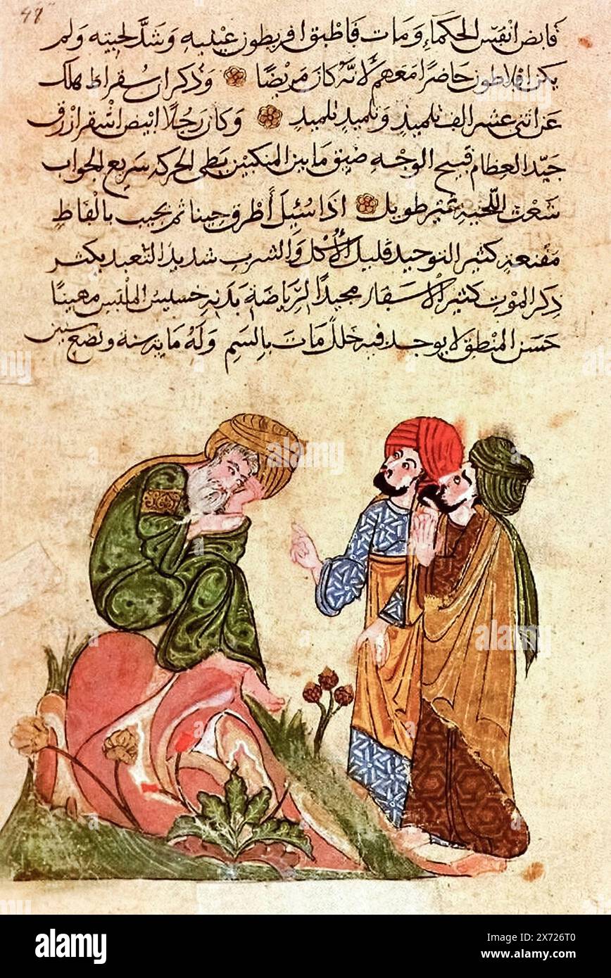 Sokrates unterrichtet seine Schüler, Folio 48 aus dem 13. Jahrhundert Dictes and Sprichwörter der Philosophen von Al-Mubaššir ibn Fatik in der Topkati Palace Library in Istanbul, Türkei. Stockfoto