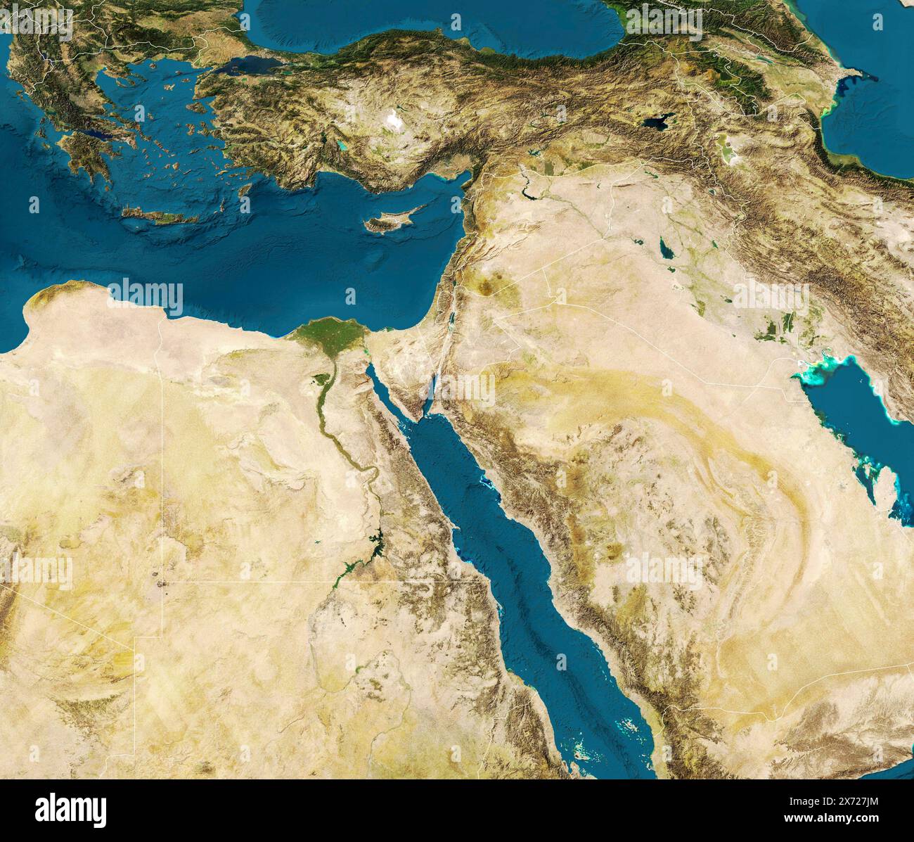 Physische Karte der Welt, Satellitenansicht des Nahen Ostens. Afrika, Asien. Reliefs und Ozeane. Elemente dieses Bildes werden von der NASA bereitgestellt Stockfoto