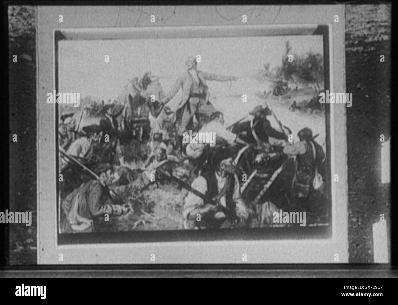 Militäroffizier, der seine Männer in einem Auftrag führt, Titel vom Kataloger erdacht, Foto eines Gemäldes oder einer Illustration, signiert 'F.C. Yohn.', möglicherweise amerikanische Revolution (1775-1783) oder französischer und indischer Krieg (1755-1763)., No Detroit Publishing Co. No., Gift; State Historical Society of Colorado; 1949, Campaigns & Battles. Stockfoto