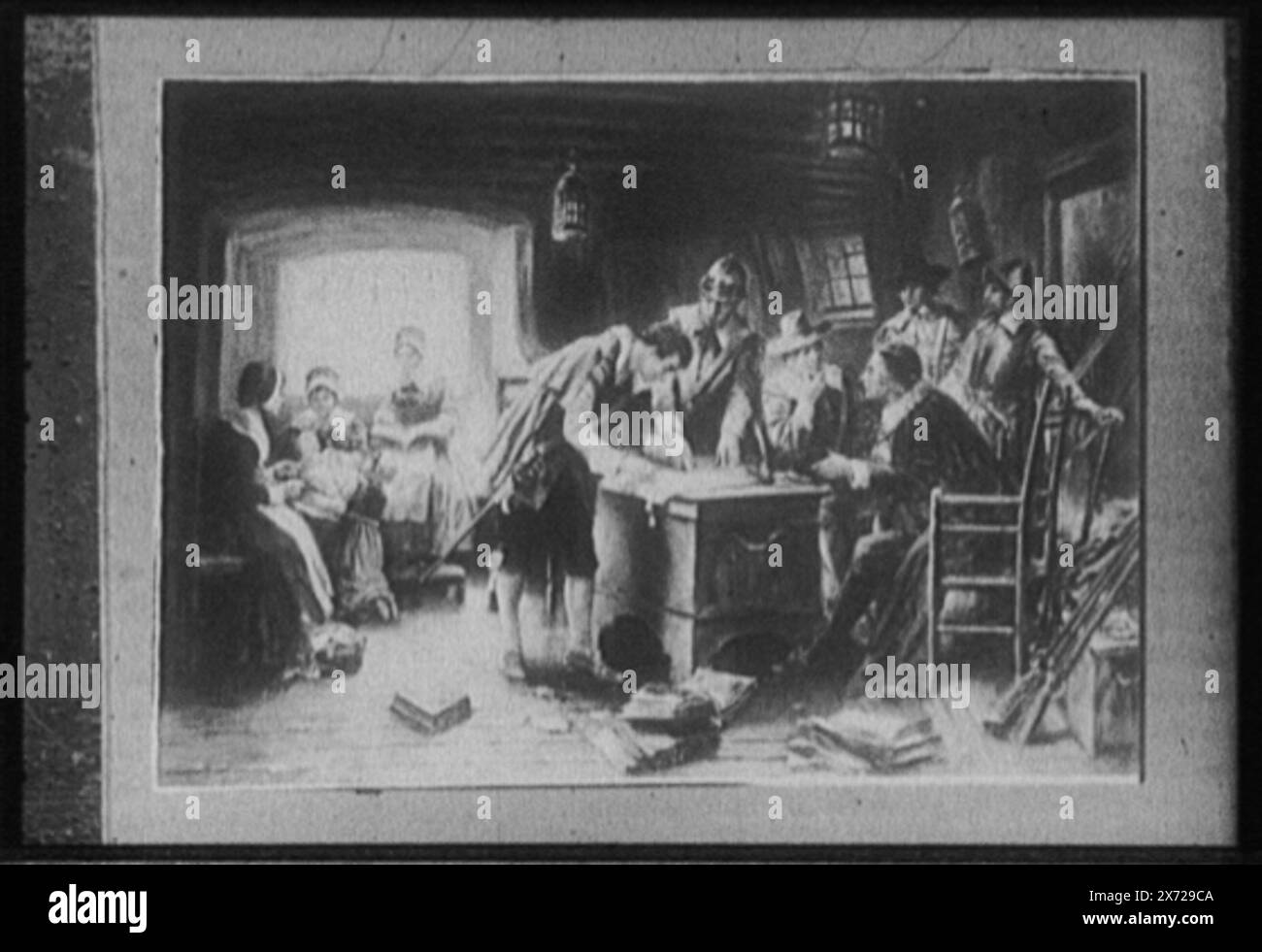 Unterschrift des Kompakts in der Kabine der Mayflower, Titel erstellt vom Kataloger., Foto eines Gemäldes signiert Percy Moran, das Myles Standish, William Bradford, William Brewster und John Carver zeigt, die die Mayflower Compact in einer Kabine unterzeichnen, Videobild seitlich umgekehrt., No Detroit Publishing Co. No., Geschenk; State Historical Society of Colorado; 1949, Bradford, William, 1588–1657. Brewster, William, 1566 oder 7-1644. Carver, John, ca. 1576-1621. , Standish, Myles, 1584?-1656. , Mayflower (Schiff) , Mayflower Compact, (1620) , Pilger (New Plymouth Colony) Stockfoto
