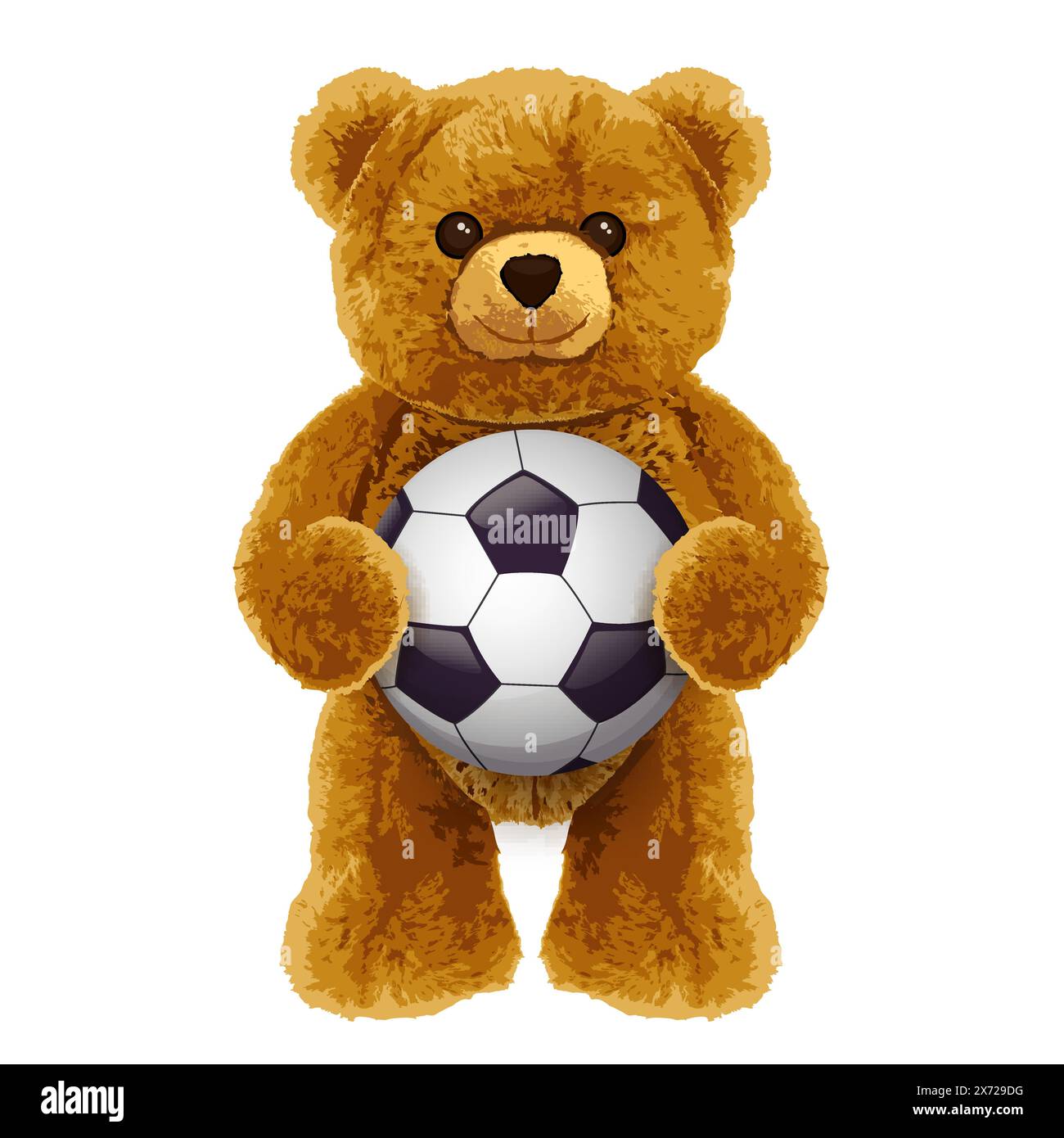 Braunes stehendes Bärenspielzeug mit Fußball. Realistische Vektorillustration isoliert auf weißem Hintergrund. Niedlicher Football-Spieler-Teddy-Charakter. Mode Stock Vektor