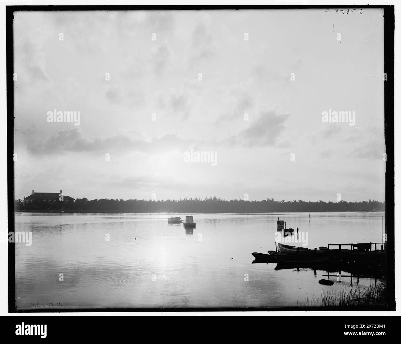 Sunrise on Lake Worth, West Palm Beach, Fla., Titel aus Jacke., 'G 7654 A' auf negativ., Detroit Publishing Co.-Nr. 500135., Geschenk; State Historical Society of Colorado; 1949, Piers & Wharves. , Sonnenaufgänge und Sonnenuntergänge. , Seen und Teiche. , Usa, Florida, West Palm Beach. Usa, Florida, Worth, Lake. Stockfoto