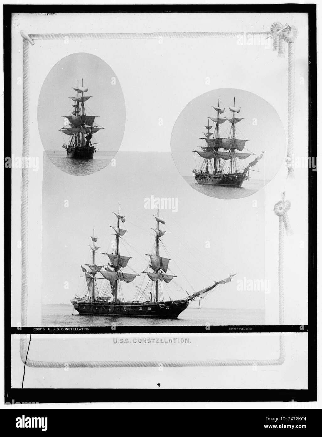 U.S.S. Constellation, Date Based on Detroit, Catalogue J (1901)., Foto einer Gruppe von Drucken mit dekorativem Rand., Detroit Publishing Co.-Nr. 020016., Geschenk; State Historical Society of Colorado; 1949, Constellation (Fregatte), Kriegsschiffe, amerikanisch. Stockfoto