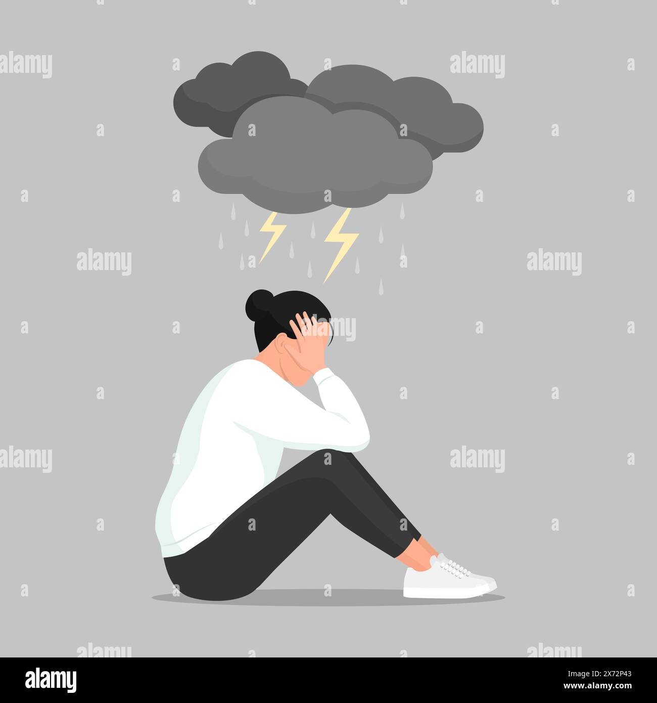 Depressive Frau, die mit dem Kopf in den Händen sitzt und dunkle Wolken über dem Kopf, Depression und Konzept der psychischen Gesundheit Stock Vektor