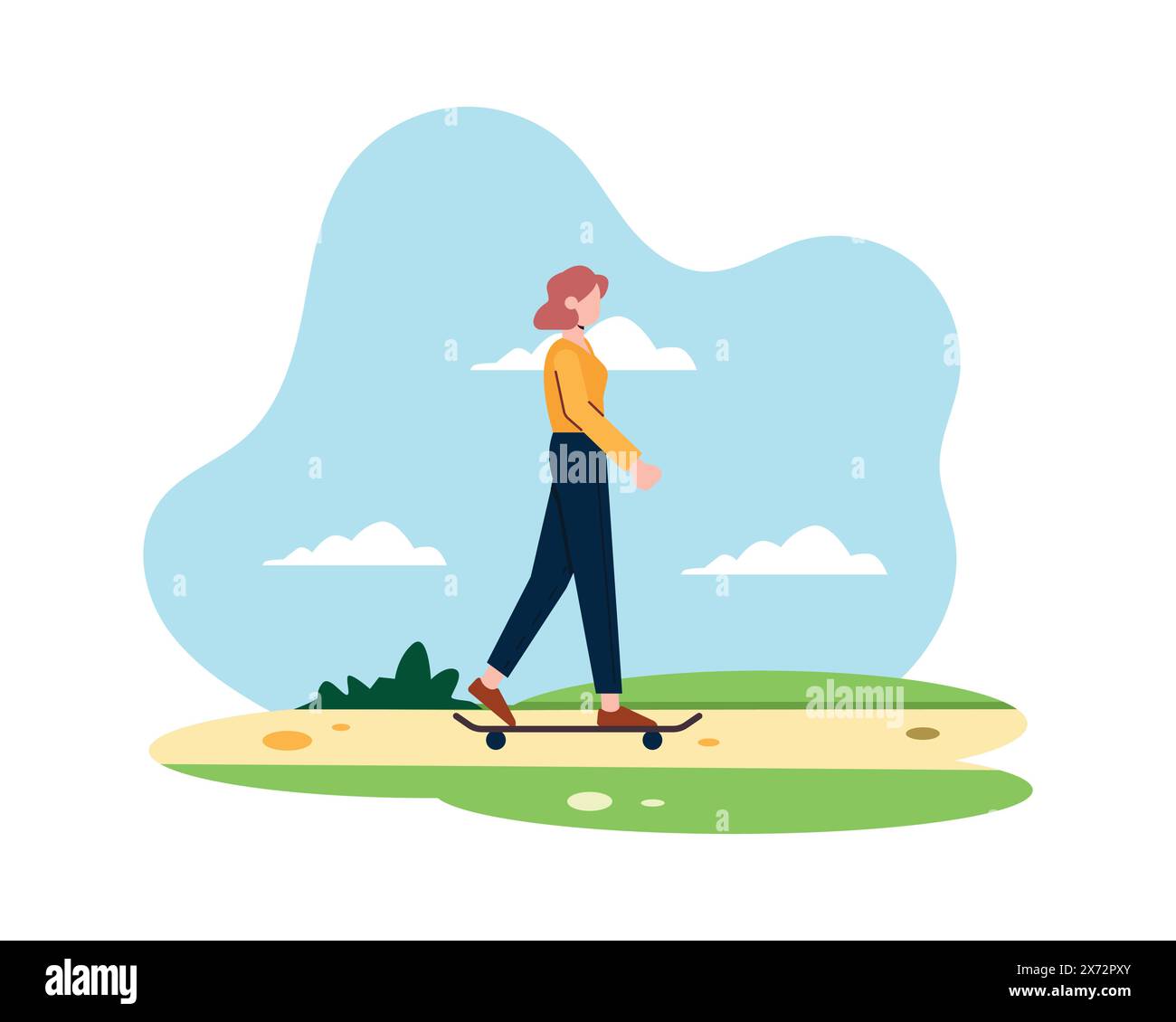 Junge Frau, die morgens beim Training Skate Board benutzt. Sport- und Freizeitlaufen. Flaches Illustrationsdesign Stock Vektor