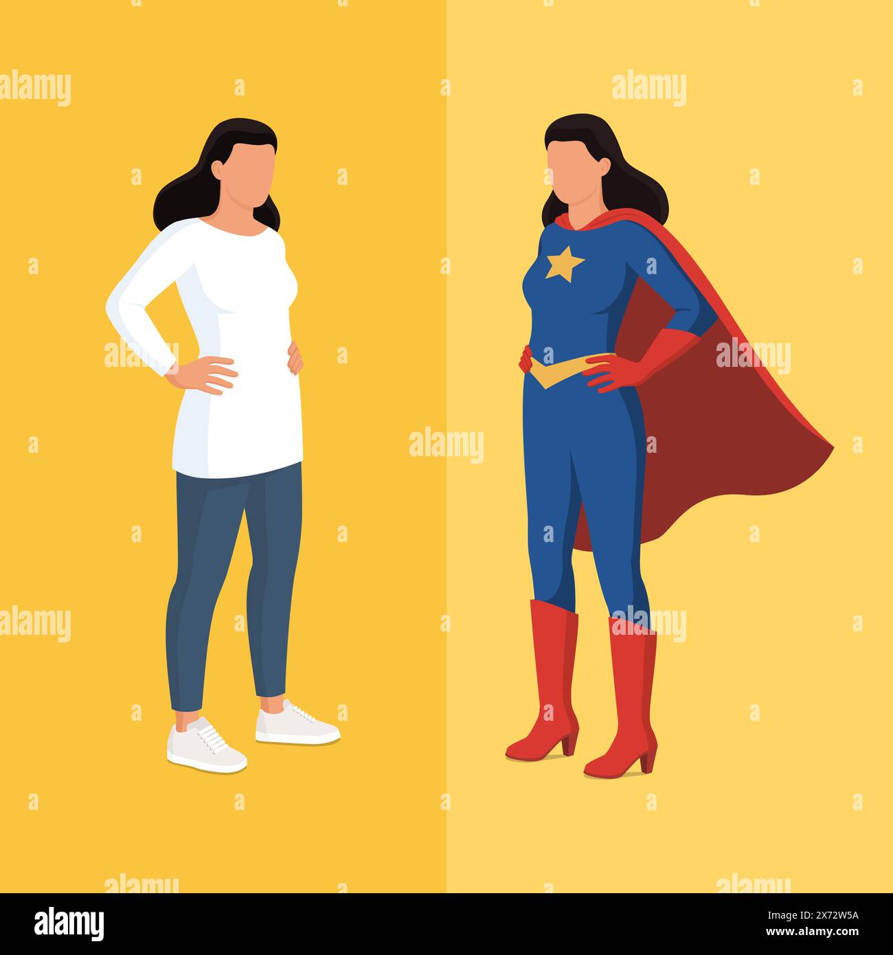 Frau mit lässiger Kleidung und Superheldenkostüm, Identität und Empowerment-Konzept Stock Vektor