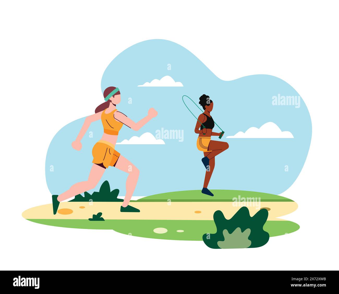 Zwei junge Frauen, eine beim Joggen und die andere beim Seilspringen im Park. Sport- und Erholungskonzept. Einfaches flaches Design für gesundes Leben veranschaulichen Stock Vektor