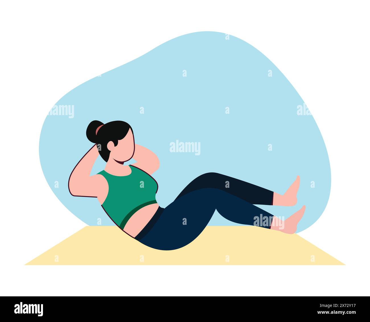 Die junge Frau macht Sit-ups, um ihren Körper idealer zu machen. Sport- und Freizeitdesign. Gesunder Lebensstil im flachen Design. Stock Vektor