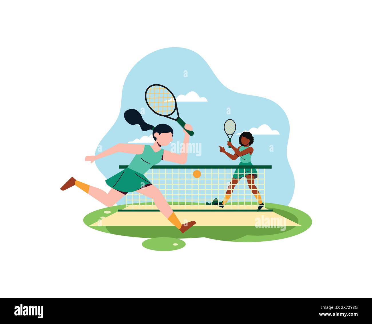 Zwei junge Frauen üben gemeinsam Tennis. Sport- und Freizeitkonzept. Einfaches flaches Design in aktiver, gesunder Lebensweise Illustration Stock Vektor