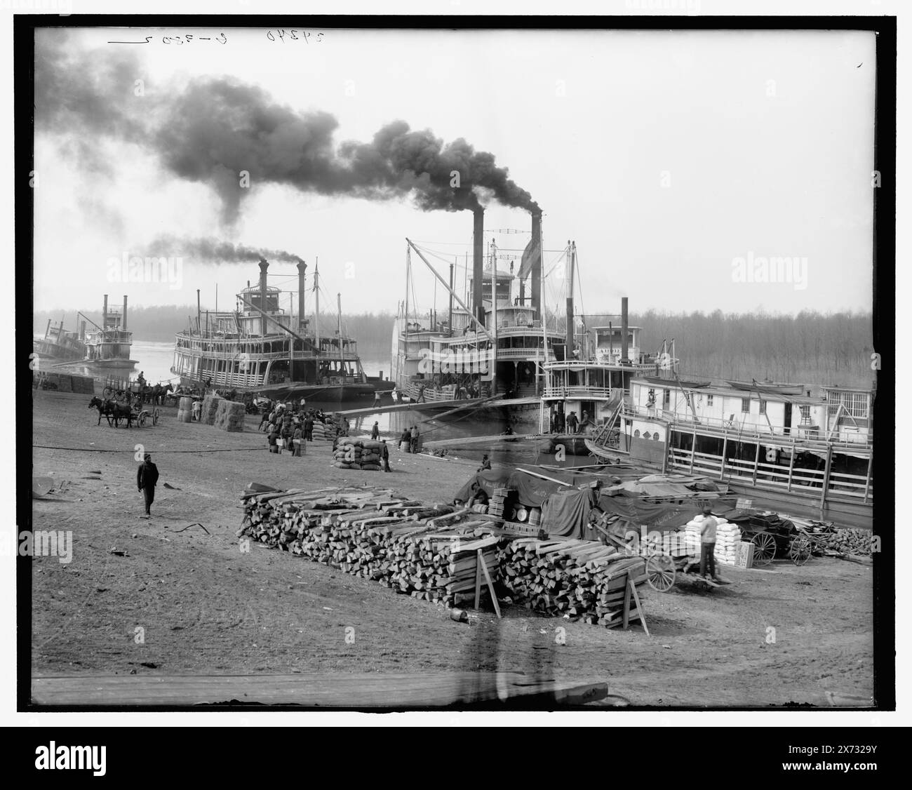 The Levee, Vicksburg, Miss., Titel aus Jacke., 'G 3805' auf negativ. Detroit Publishing Co.-Nr. 034340., Geschenk; State Historical Society of Colorado; 1949, Belle of the Bends (Seitenrad), Belle of Calhoun (Stern-Wheeler), Dampfschiffe. , Versand. , Deiche. , Usa, Mississippi, Vicksburg. Stockfoto