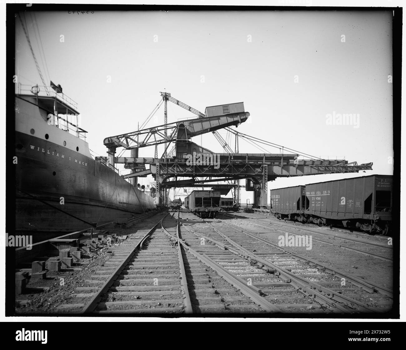 Entladung von Erz von der Hulett-Maschine, Buffalo, New York, Titel von Jacke, 'No. 194 Clif'. Auf negativ. Detroit Publishing Co.-Nr. 034793., Geschenk; State Historical Society of Colorado; 1949, William S. Mack (Fraghter), Shipping. , Hebemaschinen. , Eisenbahnwaggons. , Frachtschiffe. , Erzindustrie. , Usa, New York (Bundesstaat), Buffalo. Stockfoto