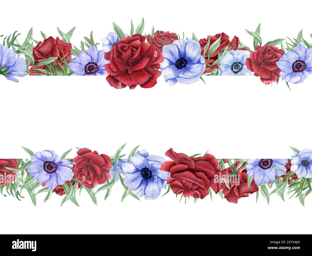 Rosen und Anemonen. Rote, blaue Blüten mit grünen Eukalyptusblättern. Horizontaler Rahmen mit Blumenmuster und leerem Platz für Text. Gedenktag, Unabhängigkeitstag Stockfoto
