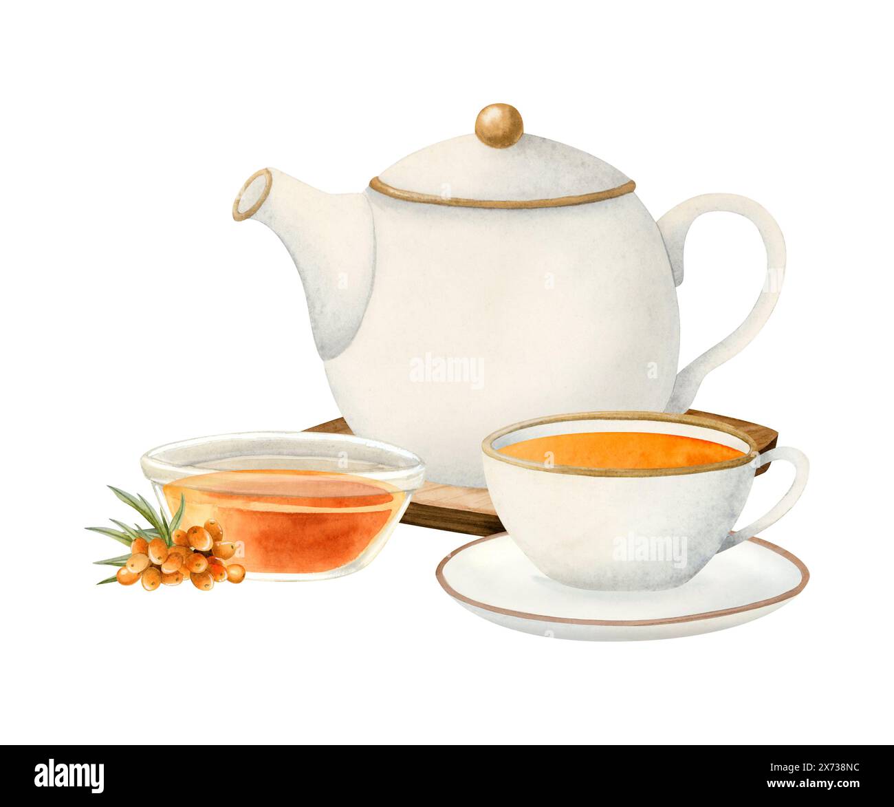 Teeparty mit weißer Teekanne, Kräutersanddornmarmelade und Orangentee in eleganter Tasse Aquarellillustration Stockfoto