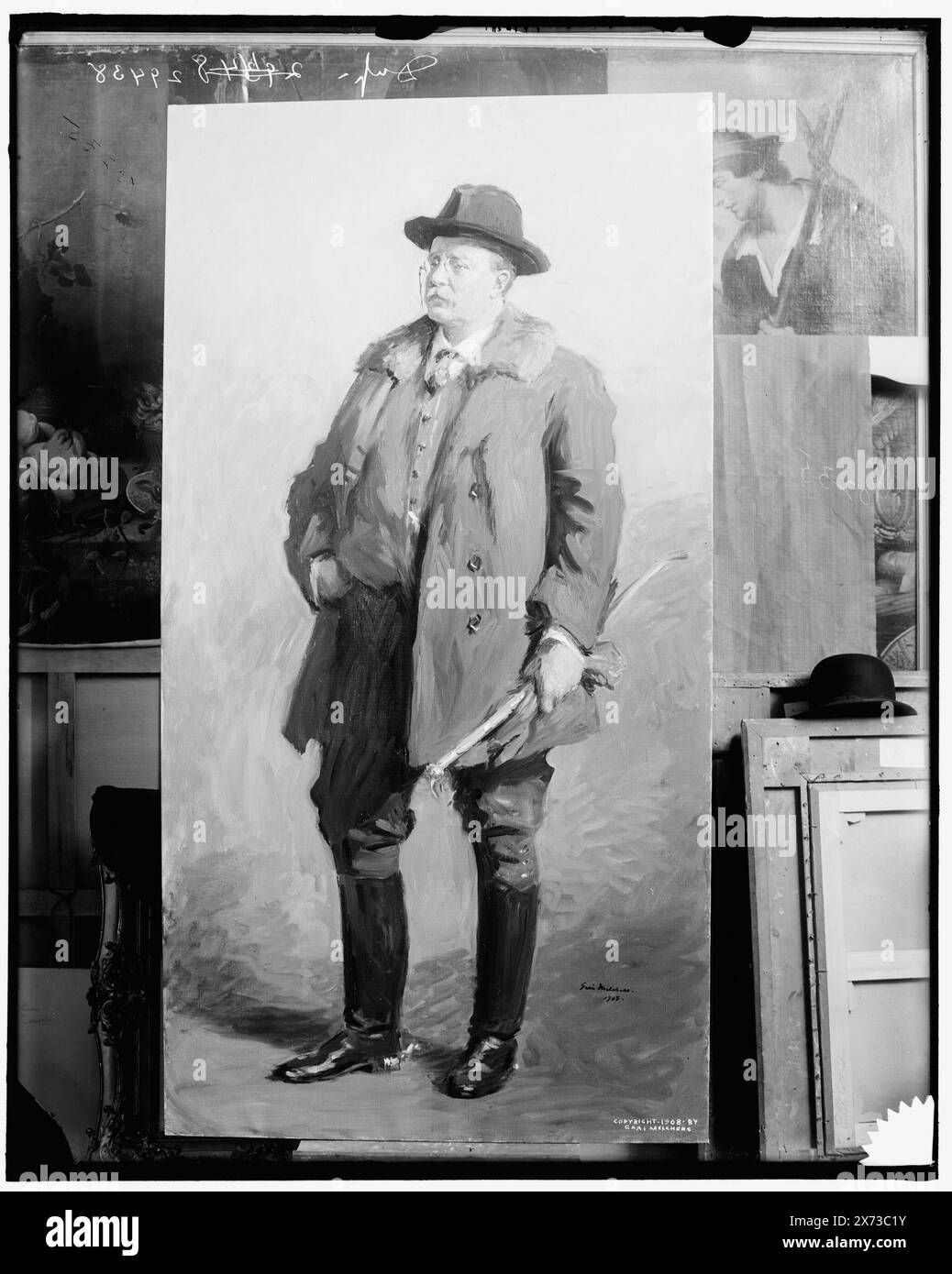 Theodore Roosevelt, Titel aus Jacke., Fotografie des Gemäldes von Gari Melchers; urheberrechtlich geschütztes Gemälde 1908., Detroit Publishing Co. No. 90235 dup., Gift; State Historical Society of Colorado; 1949, Roosevelt, Theodore, 1858-1919. Stockfoto