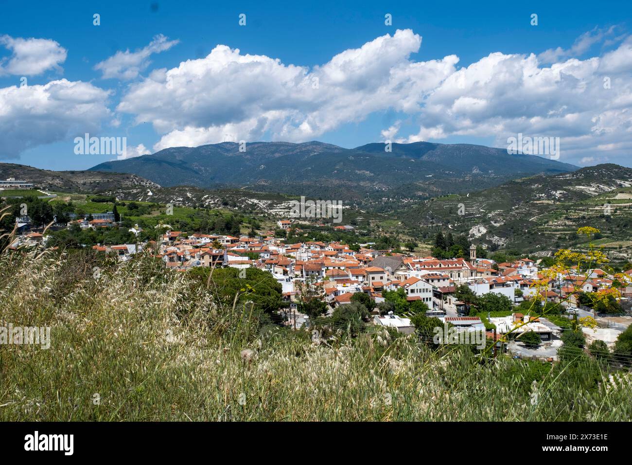 Zypern: Blick auf das Dorf Omodos in den Ausläufern des Troodos-Gebirges, mit dem Olymp in der Ferne. Stockfoto