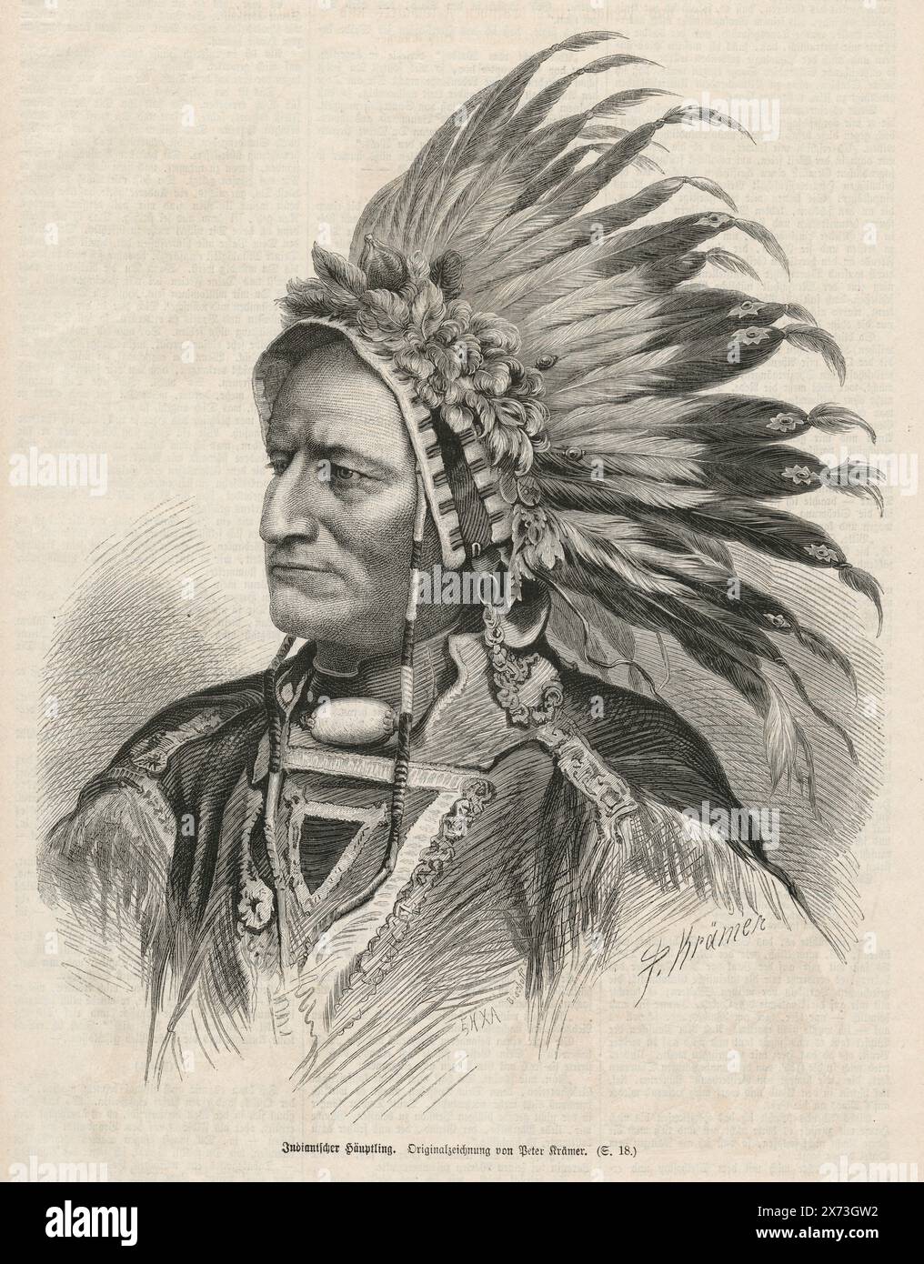 Antike Gravur 1872, ein indischer Häuptling, aus einer deutschen Zeitschrift. QUELLE: ORIGINALGRAVUR Stockfoto