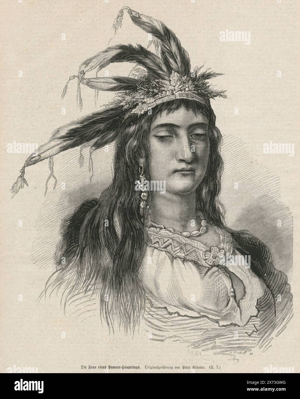 Antike Gravur aus dem Jahr 1872, Ehefrau eines Pawnee-Häuptlings, aus einer deutschen Zeitschrift. QUELLE: ORIGINALGRAVUR Stockfoto