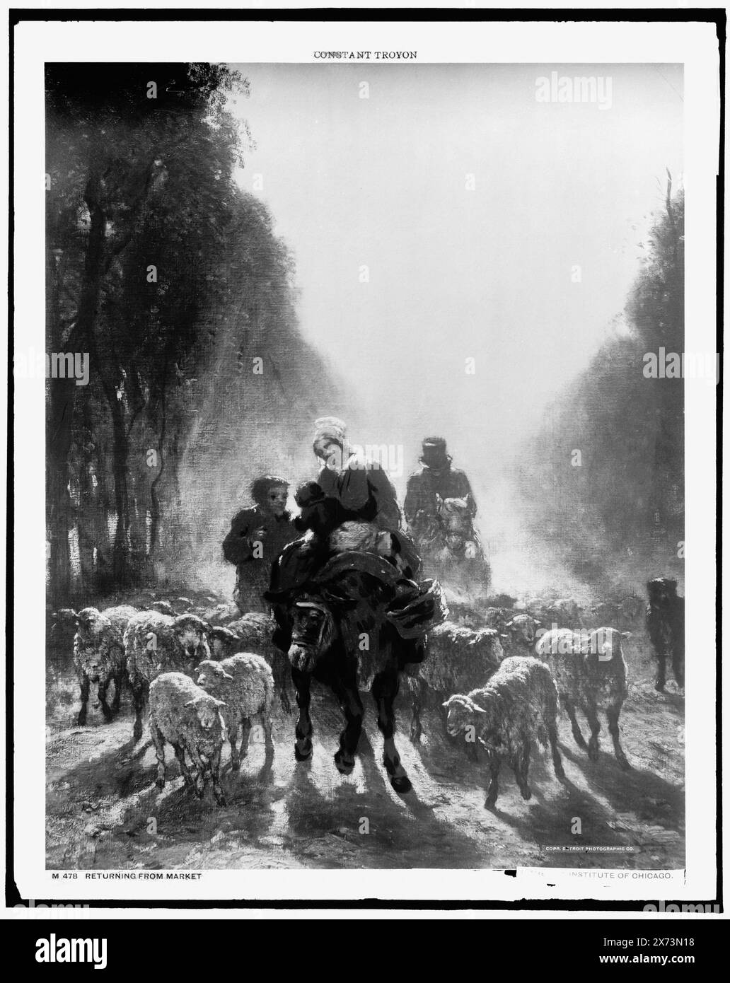 Rückkehr vom Markt, Frau, die auf einer Kuh oder einem Maultier reitet, beladen mit Waren, gefolgt von Männern auf Pferden., Datum basiert auf Detroit, Thistle Publications (1912)., Foto eines Gemäldes am Art Institute of Chicago., Detroit Publishing Co. No. M 478., Geschenk; State Historical Society of Colorado; 1949, Sheep. , Frauen. Stockfoto