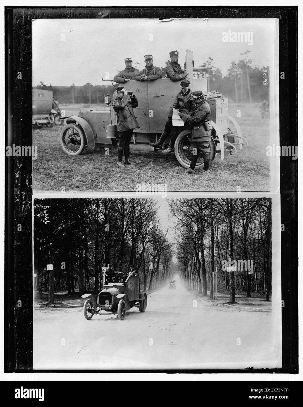 Soldaten, die die Karte mit einem gepanzerten Auto betrachten; gepanzerte Autos auf der Straße, wahrscheinlich in Frankreich, Titel vom Kataloger erfunden., Foto von zwei Fotoabzügen; wahrscheinlich 1. Weltkrieg, '56603' auf dem oberen Fotodruck; '56606' auf dem unteren Fotodruck. No. Detroit Publishing Co. No., Gift; State Historical Society of Colorado; 1949, gepanzerte Fahrzeuge. , Soldaten. , Straßen. , Weltkrieg, 1914-1918. , Frankreich. Stockfoto