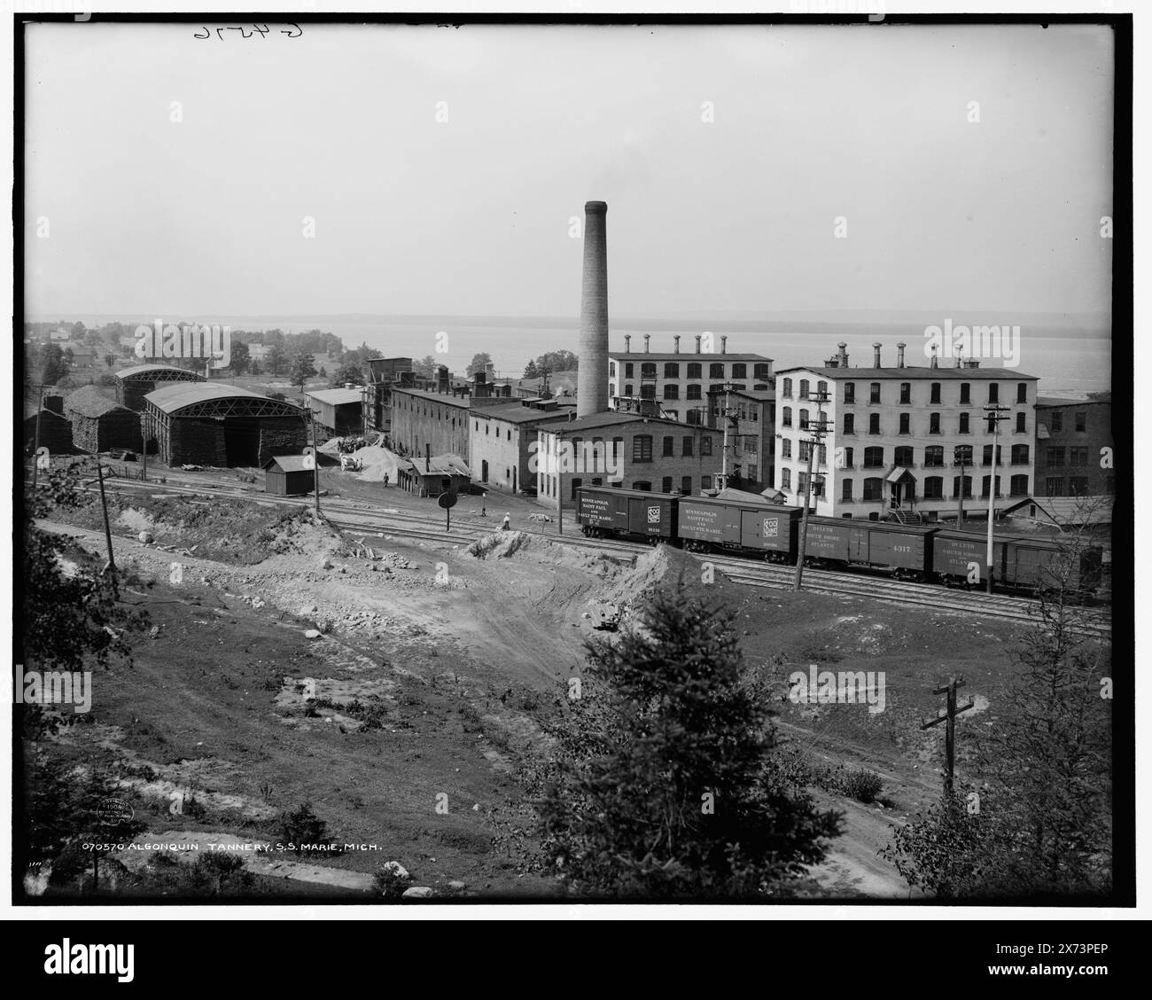 Algonquin Tannery, Sault Sainte Marie, mir., 'G 4576' auf negativ., Detroit Publishing Co.-Nr. 070570., Geschenk; State Historical Society of Colorado; 1949, Algonquin Tannery. , Lederindustrie. , Bräunung. , Eisenbahn. , Usa, Michigan, Sault Sainte Marie. Stockfoto